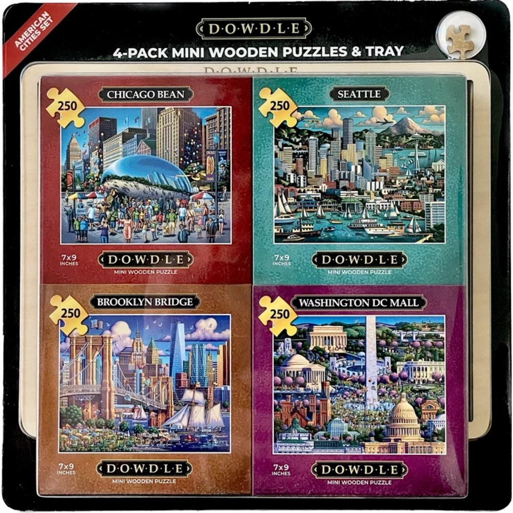 DOWDLE 4-Pack Mini Wooden Puzzles & Tray-American Cities Set, Assembly Tray Wood
